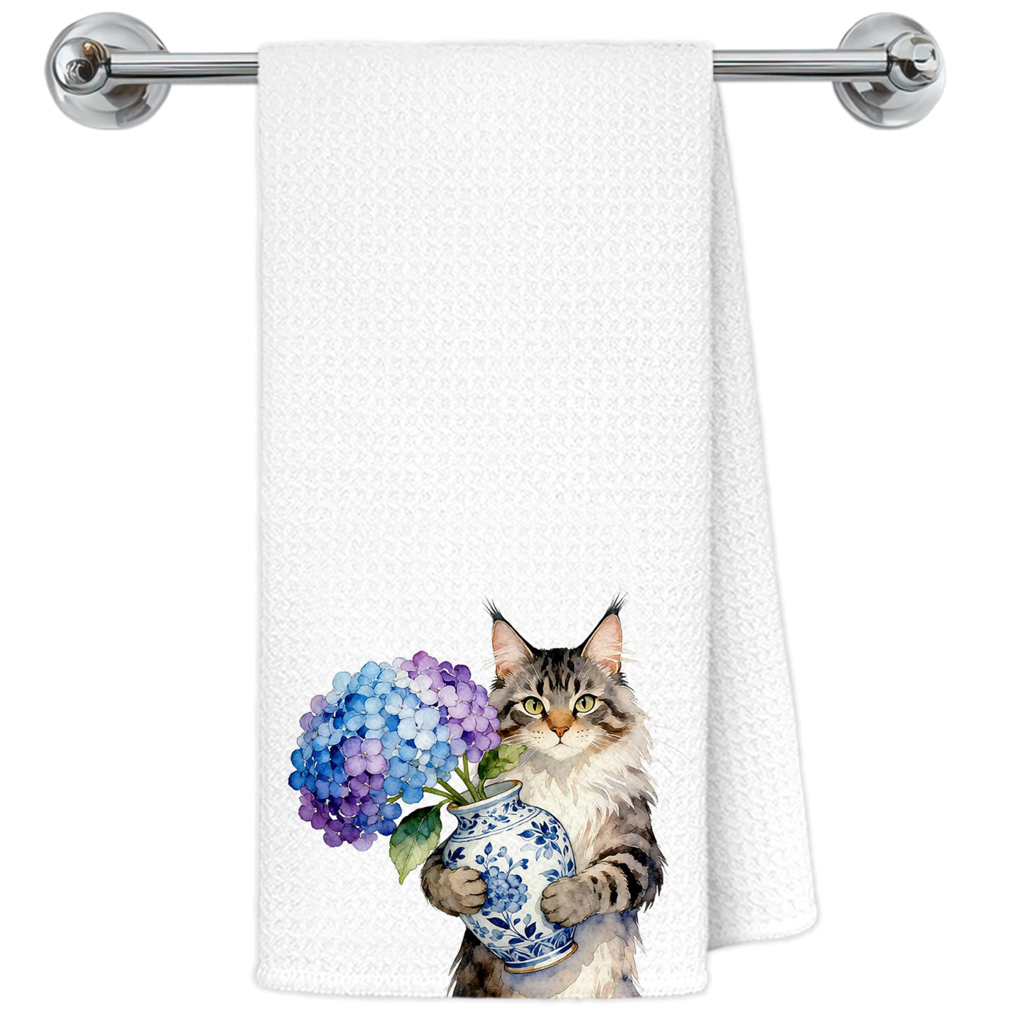Blue and White Chinoiserie Orange Cat Bathroom Hand Towels, Orange Cat Gifts, Funny Oriental Kitty Decorative Hand Towels Bathroom Restroom Washroom Yoga Spa Zen Decor, 16x24 Inch BST326L