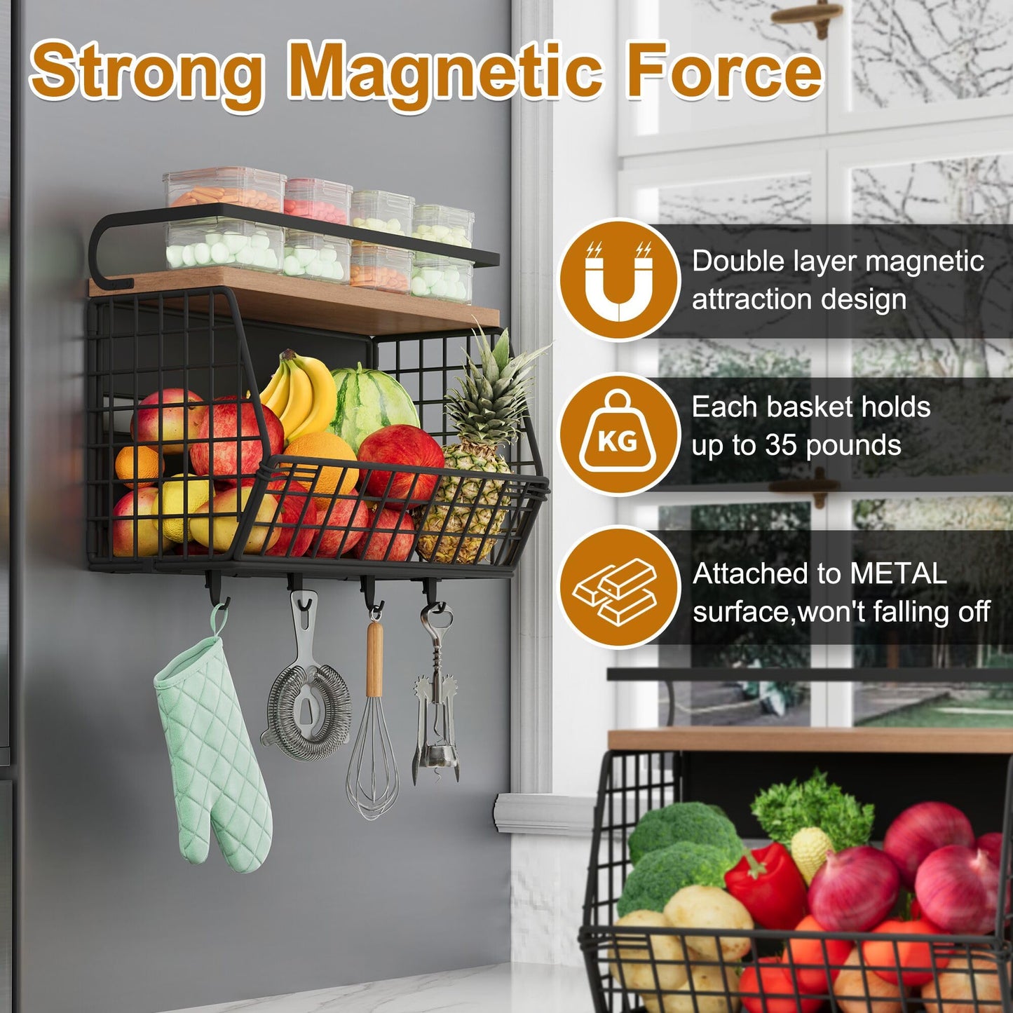 Magnetic Shelf for Fridge,Hanging Wall Basket for Potato Onion Fruit and Vegetable Storage Bins,Large Produce Container Magnetic Spice Rack for Refrigerator Kitchen Counter Pantry,Black BST220