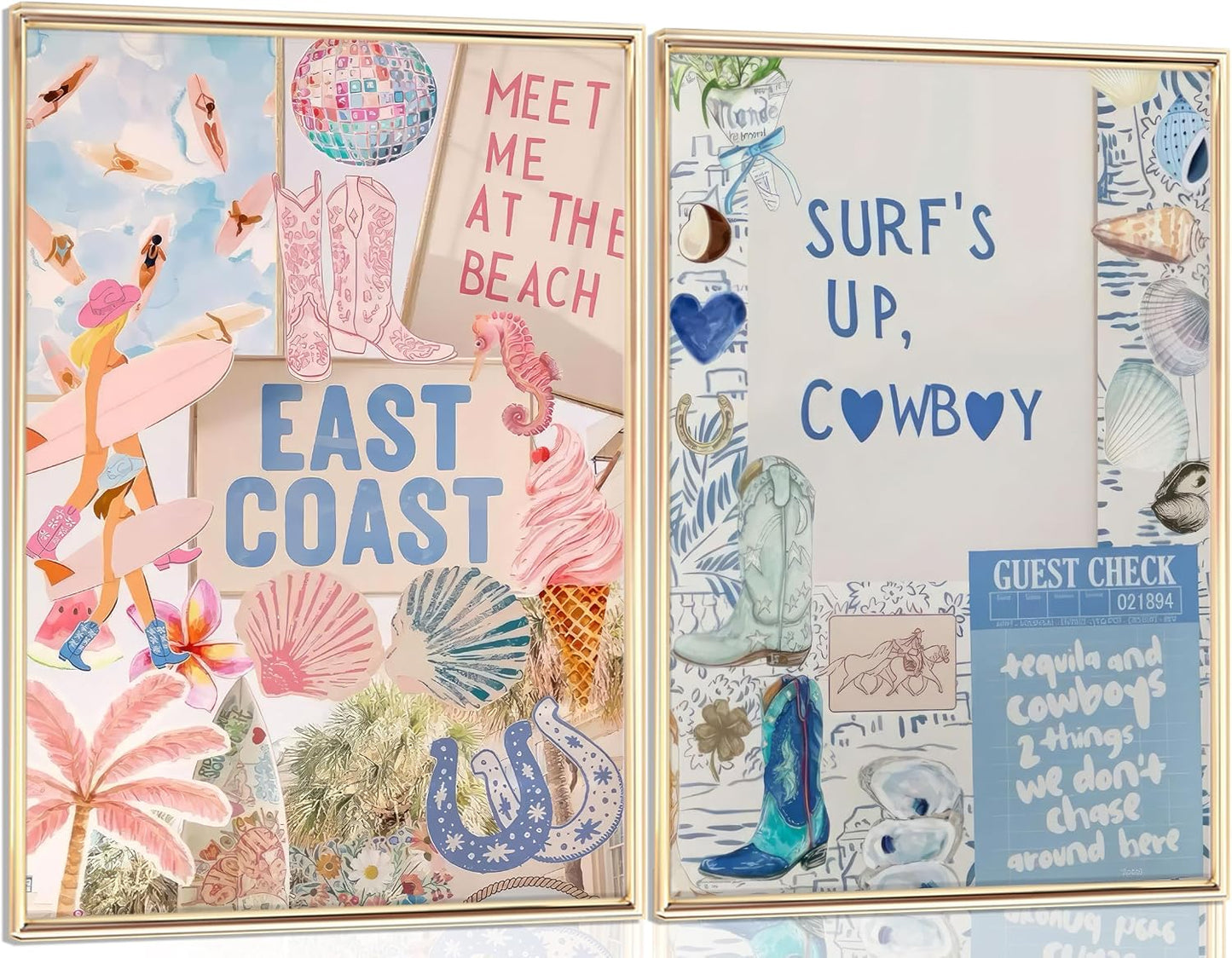 2PCS Pink And Blue Coastal Cowgirl Wall Art Surfboart Wall Decor Unframed | Coastal Girl Posters Beach Pictuers Cowboy Boots Prints for College Girls Dorm Bathroom Gallery Bedroom BST202