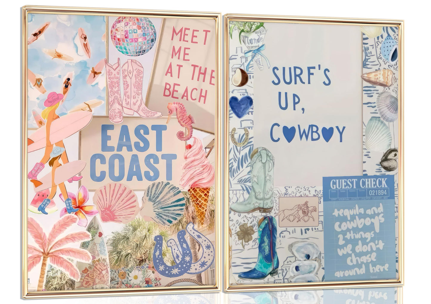 2PCS Pink And Blue Coastal Cowgirl Wall Art Surfboart Wall Decor Unframed | Coastal Girl Posters Beach Pictuers Cowboy Boots Prints for College Girls Dorm Bathroom Gallery Bedroom BST202