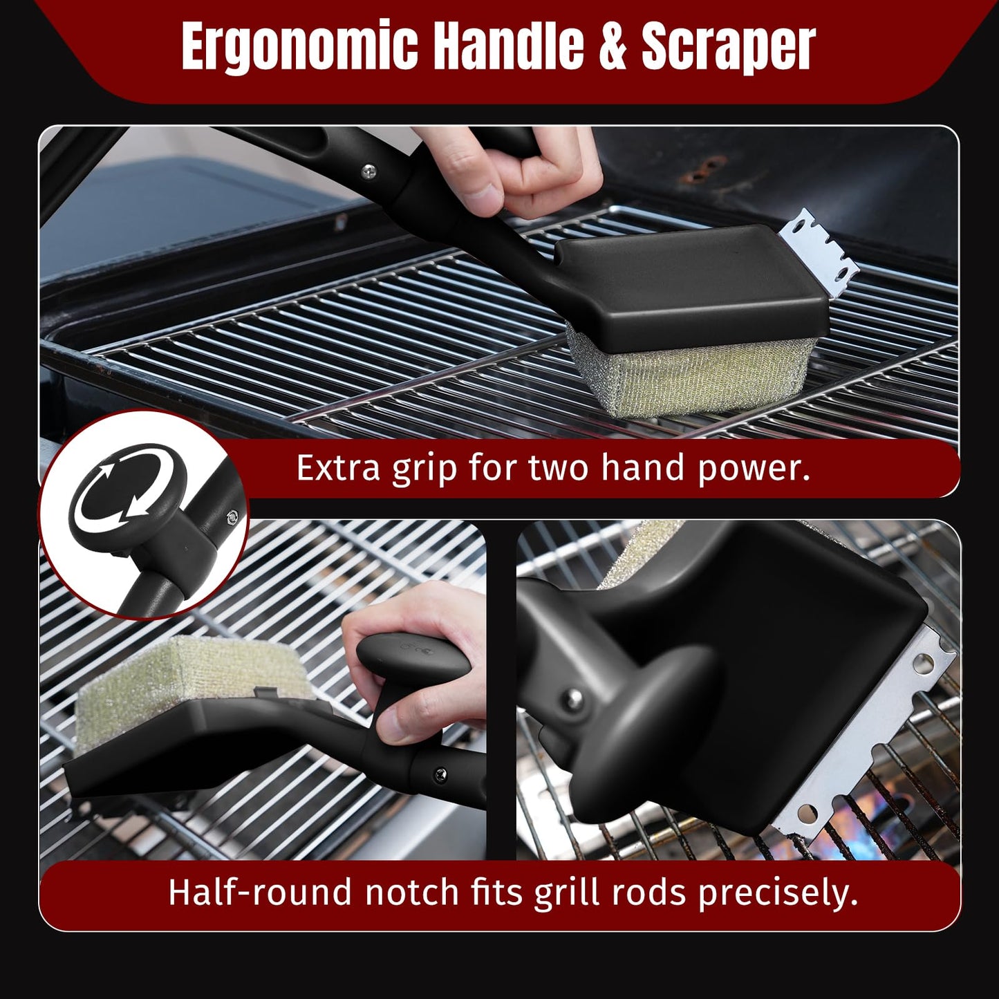 SHINESTAR Grill Brush for Outdoor Grill with 2 Replacement Heads - Cleaning BBQ Grill Brush and Scraper, Grill Brush Bristle Free with Non Metal Bristles, 3-Piece Set for Weber Traeger Grates WN420