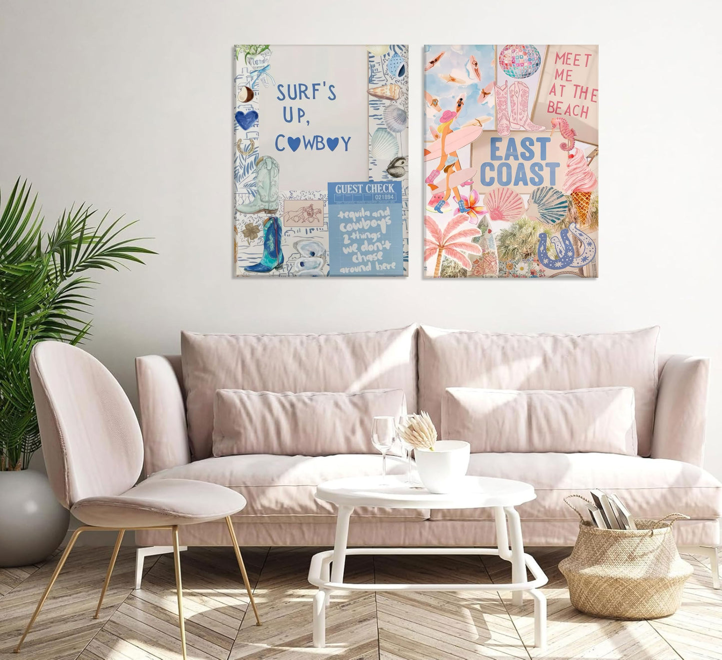 2PCS Pink And Blue Coastal Cowgirl Wall Art Surfboart Wall Decor Unframed | Coastal Girl Posters Beach Pictuers Cowboy Boots Prints for College Girls Dorm Bathroom Gallery Bedroom BST202