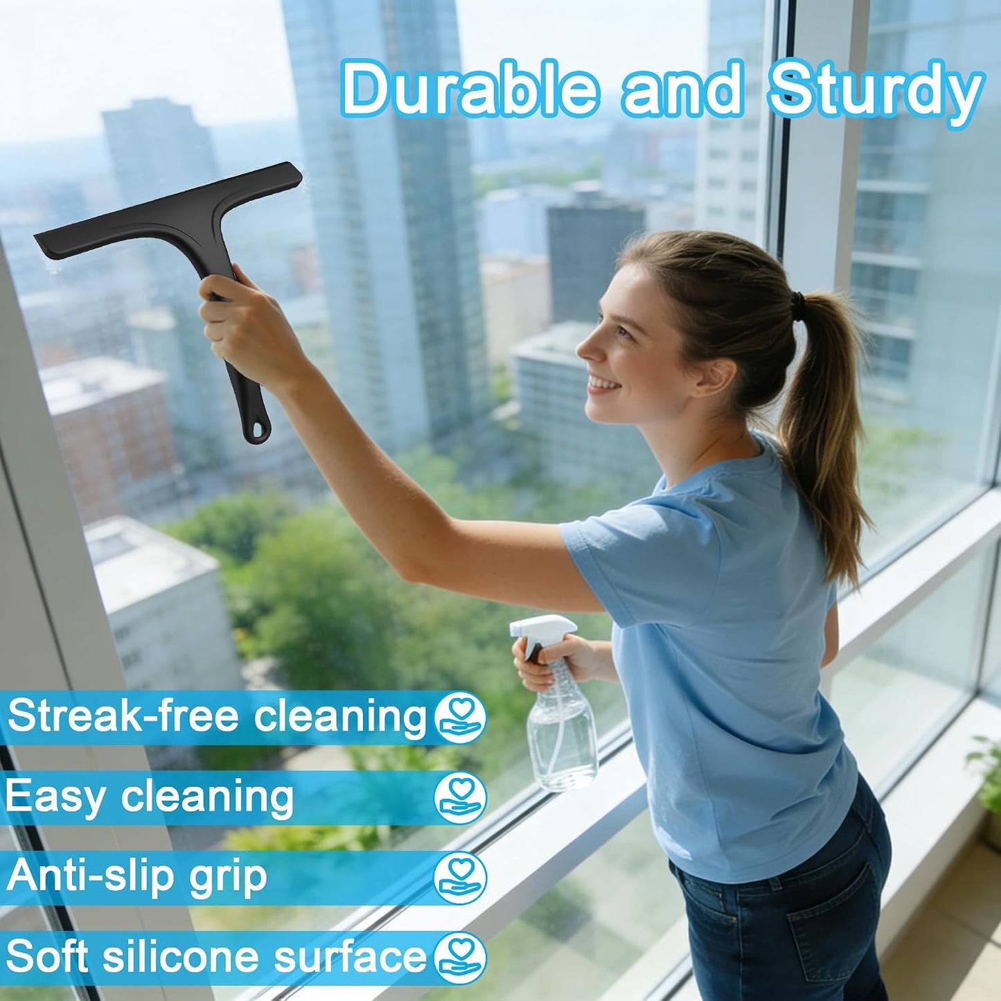 Silicone Shower Squeegee for Bathroom Glass Doors, with Hanging Hole for Easy Storage, Removes Water Spots from Windows, Mirrors, Tiles & Kitchen Surfaces-Black, 10 Inch WN420