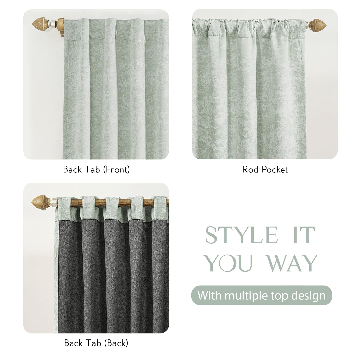 Beauoop Green Floral Jacquard Blackout Curtains 90 Inches Long 2 Panels for Bedroom Living Room Sage Flower Chenille Room Darkening Thermal Insulated Soundproof Grommet Window Treatments Drapes, 52x90 BST220