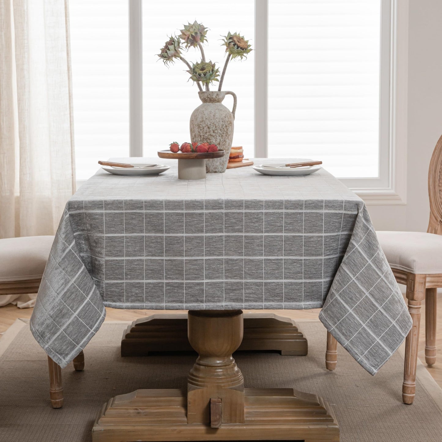 Caflife White Square Tablecloth 55x55 Inch, Cotton Linen Polyester Blend Stripes Table Cloth, Farmhouse Boho Decorative Table Cover for Dining Room Party Buffet Home Kitchen Table Decor BST202