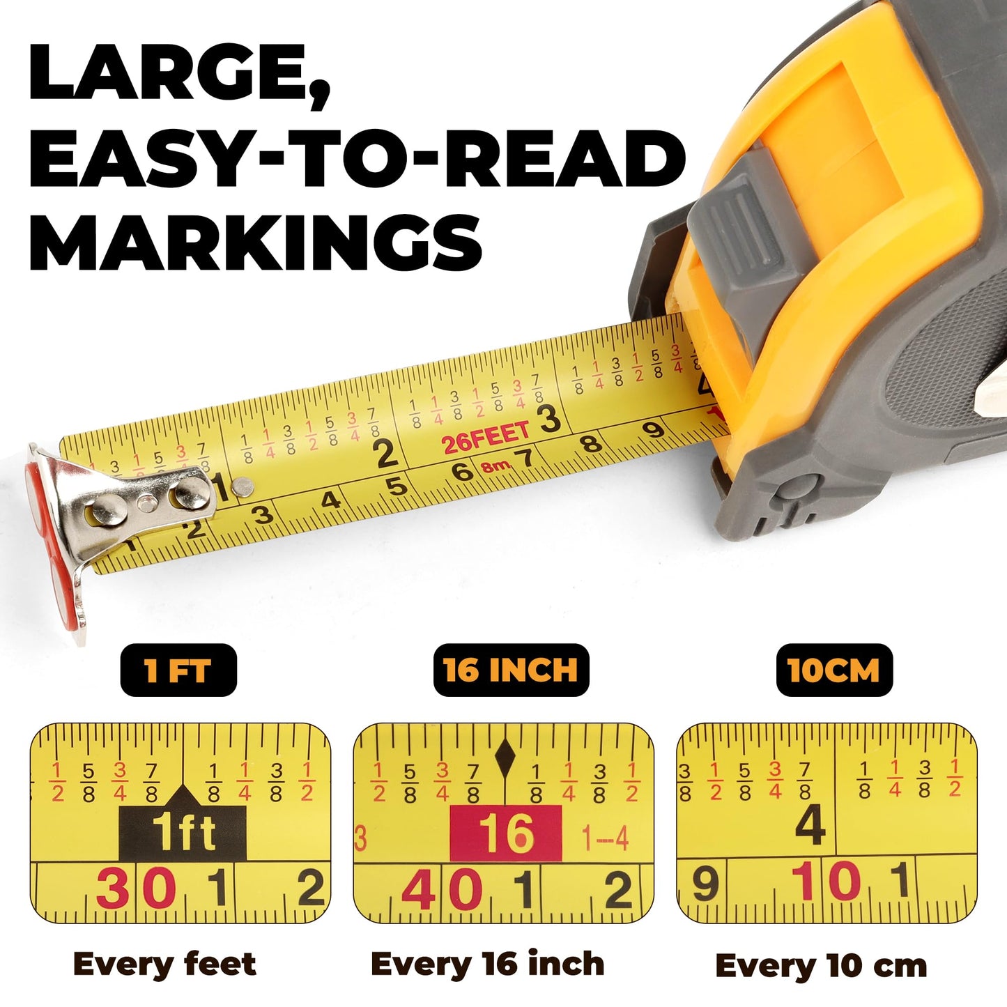 MulWark 25ft Metric Tape Measure, Measuring Tape Retractable, Easy Read Measurement Tape Both-Side Metal Blade, Magnetic Hook & Shockproof Case for Construction, Carpenter, Architect, Woodworking