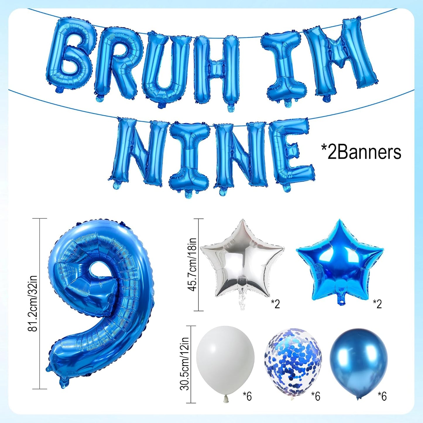 9th Birthday Decoration Balloon Banner - 33 Pcs Blue Bruh Im Nine Letter Banners Number 9 Star Foil Latex Balloons for Boys And Girls Happy Birthday Celebration Party Decor Supplies BST326L