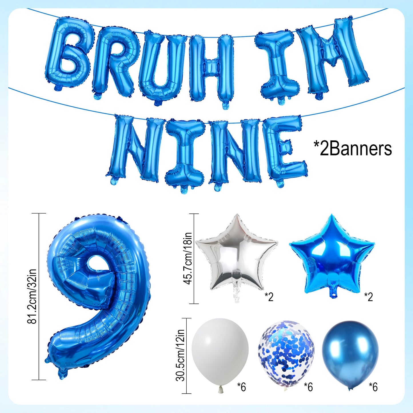 9th Birthday Decoration Balloon Banner - 33 Pcs Blue Bruh Im Nine Letter Banners Number 9 Star Foil Latex Balloons for Boys And Girls Happy Birthday Celebration Party Decor Supplies BST326L