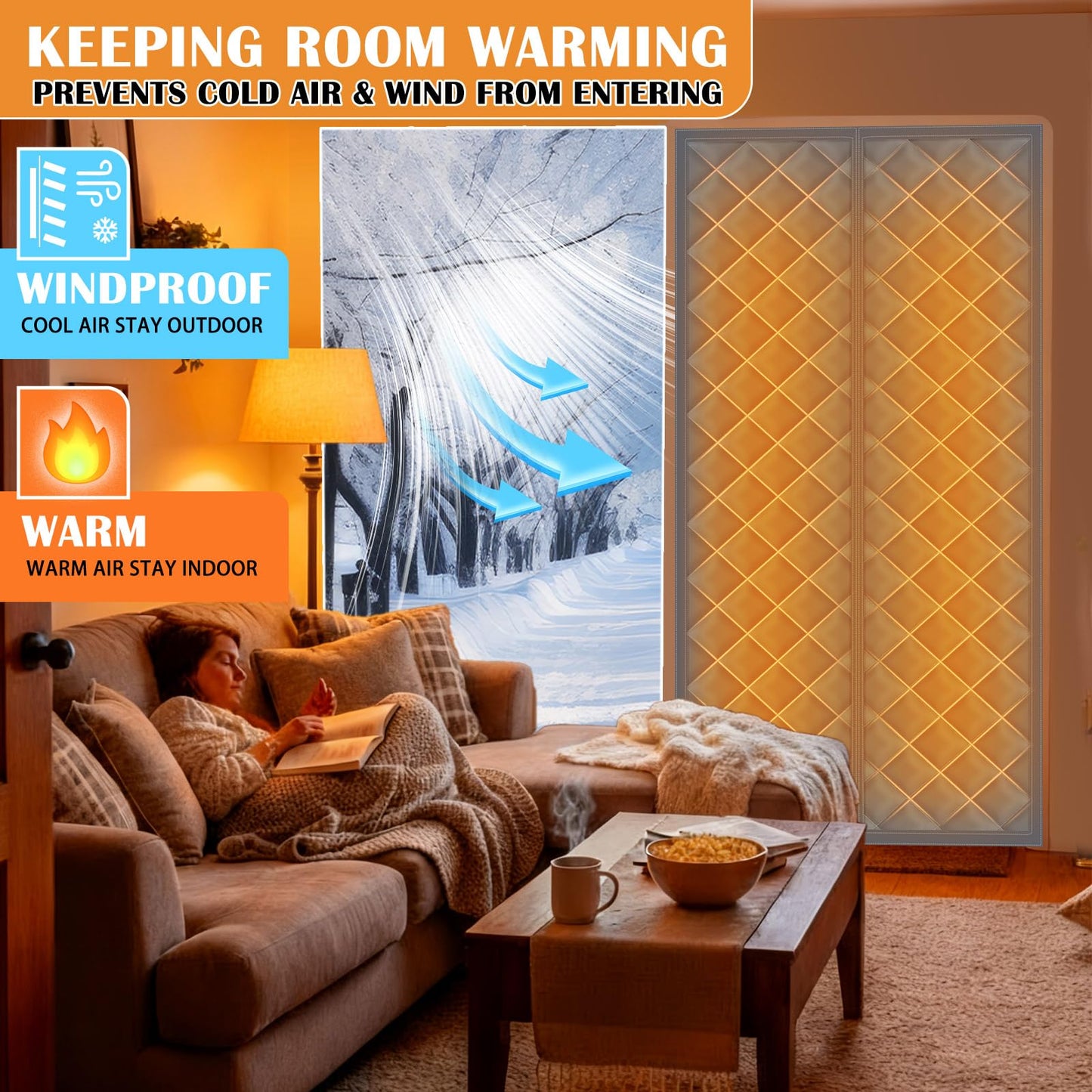 Fanfanwin 2 Sets Magnetic Thermal Insulated Curtains for Doors Winter Thicken Quilted Oxford Cotton Door Cover Waterproof Window Attic Blanket for Cold Weather(Gray,36" X 80")