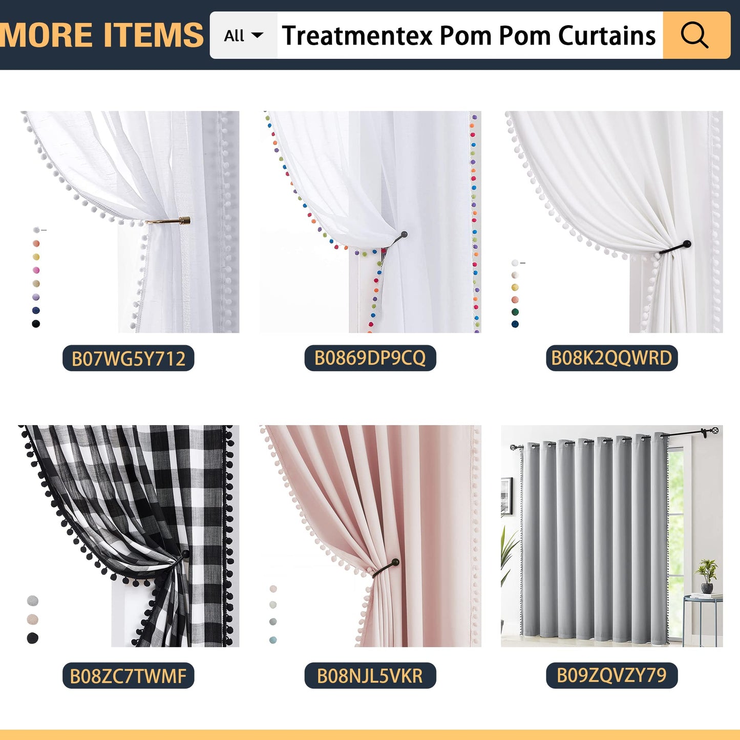 Treatmentex Pom-Pom Grey Sheer Curtains for Bedroom 63" Window Drapes Rod Pocket Textured Sheer Curtain for Kids Room 52" w 2 Panels BST202