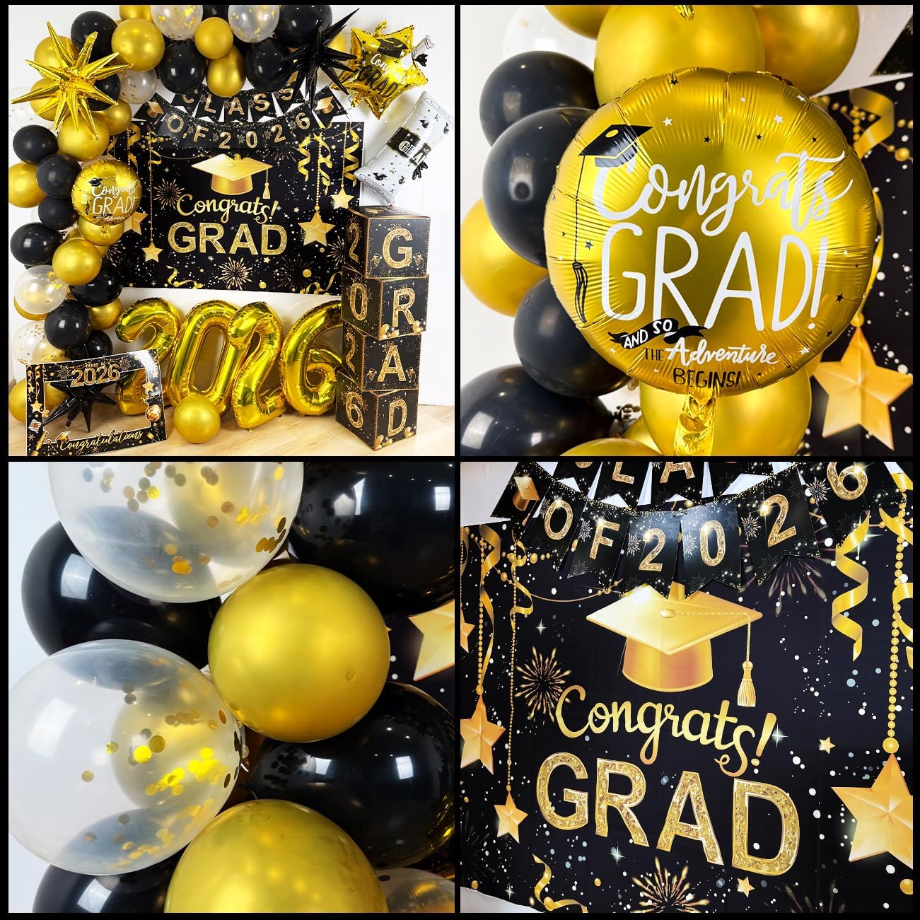 2026 Graduation Decorations Class of 2026 Black and Gold Congrats Grad Balloons,Banner,Backdrop,Photo Booth Props,Cards Boxes Kit for Graduation Party Decorations in Indoor or Outdoor (Graduation) BST326H