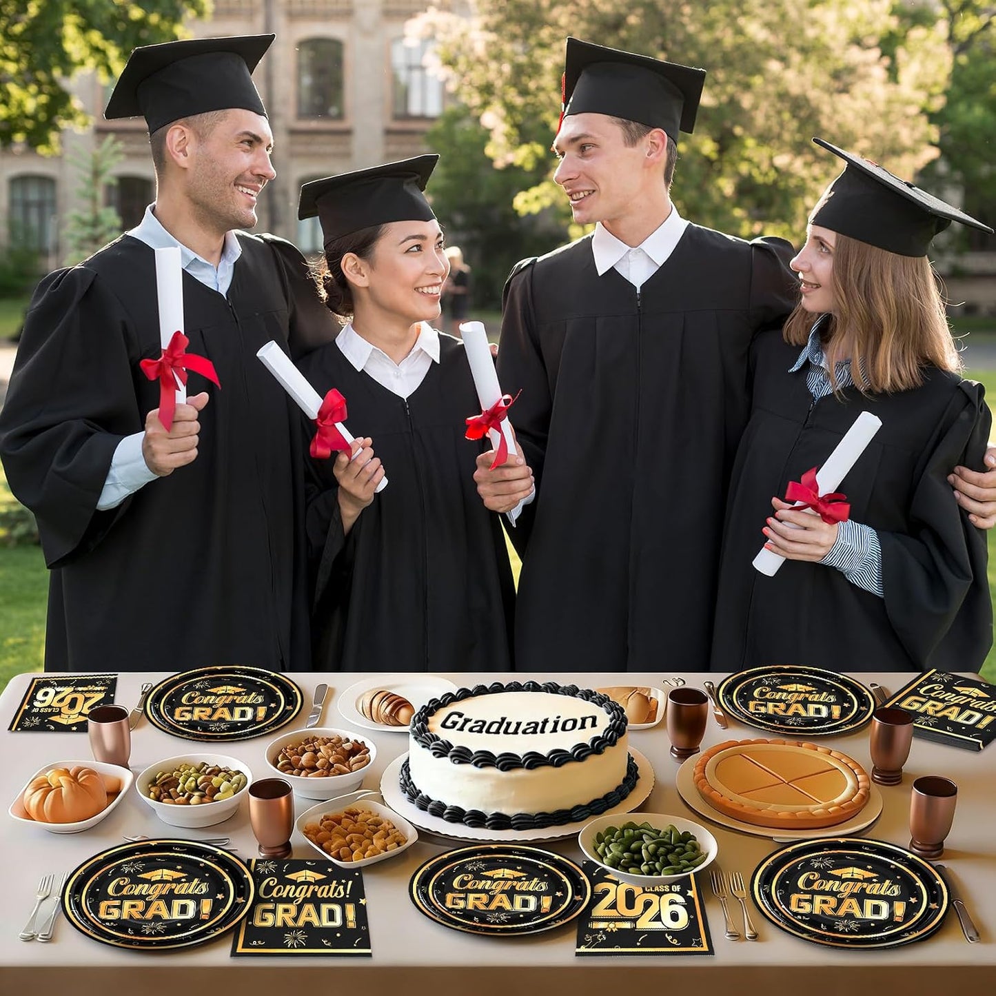 60Pcs Black Graduation Plates and Napkins 2026, Black and Gold Congrats Grad Class of 2026 Paper Plates Napkins Sets for College High School Graduation Party Decorations,Serves 20 BST326L