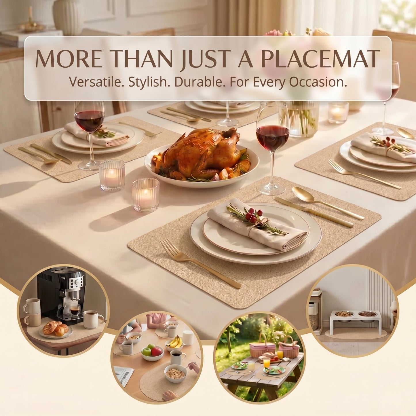 Faux Leather Placemats Set of 6, Wipeable Waterproof Stain Resistant Table Mats, Heat Resistant Thick Placemats with Hand-Painted Edges for Kitchen Dining, Imitative Linen Texture, Various Shapes BST326H