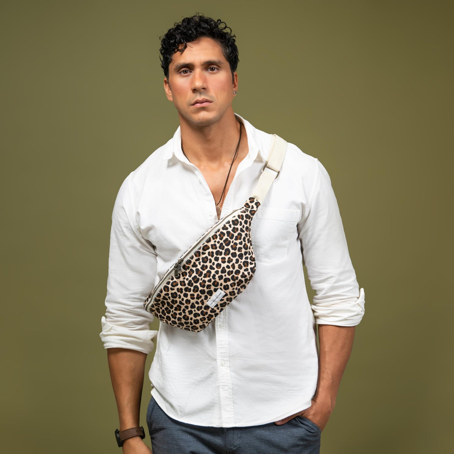 The Peacock Crew Spacious Leopard Print Crossbody Belt Bag in Cotton Canvas – Lightweight Comfortable & Elegant Sling Pouch Travel Safe Design & Daily Use – Dual Zippers Fanny Pack for Men & Women BST220