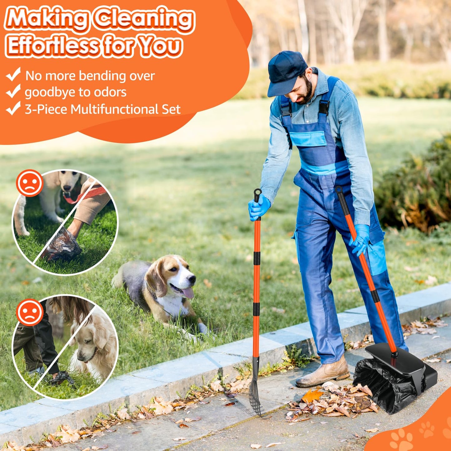SlowTon Dog Pooper Scooper - 37.4" Long Metal Handle Adjustable Rake & Spade & Swivel Bin with 10 Waste Bags, Portable Pooper Scooper N3233