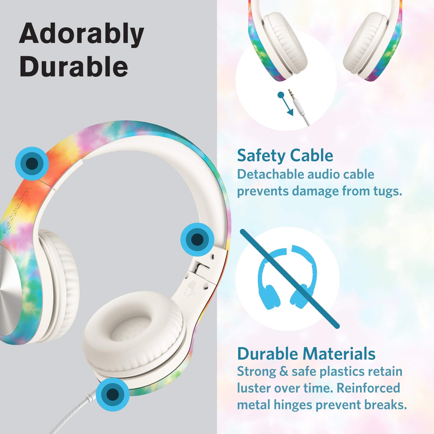 LilGadgets Connect+ Pro Wired Kids Headphones for School with Microphone, Volume Limiting Over-Ear Headset with Cord, SharePort Technology & SoftTouch Padding, Blue