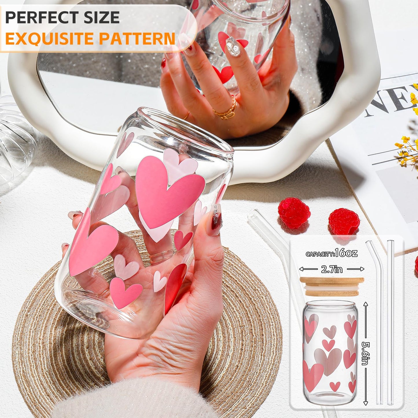 DWTS DANWEITESI Glass Cups “20oz”,Glass Cups with Lids and Straws 4 pcs-Coffee Cups,Drinking Glasses Set,Glass Tumbler with Straw and Lid Gift 2 Cleaning Brushes 600ml BST202