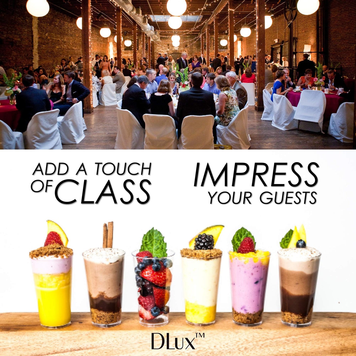 DLux 100 x 3 oz Mini Dessert Cups with Spoons, Shooter - Clear Plastic Parfait Appetizer Cup - Small Reusable Shooter Glass for Tasting Party Shooters Desserts Appetizers - With Recipe Ebook BST220