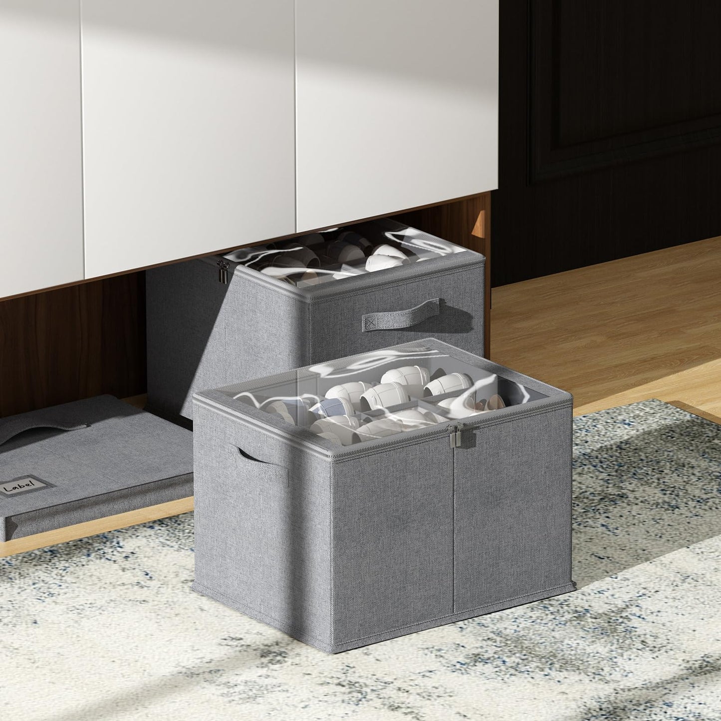 2 Pack Shoe Organizer for Closet - Shoe Storage Bins with Clear Cover, Fabric Shoe Storage Containers with Reinforced Handles, Fits up to 24 Pairs (Black, 16.5 * 12.6 * 12.2in) BST326H