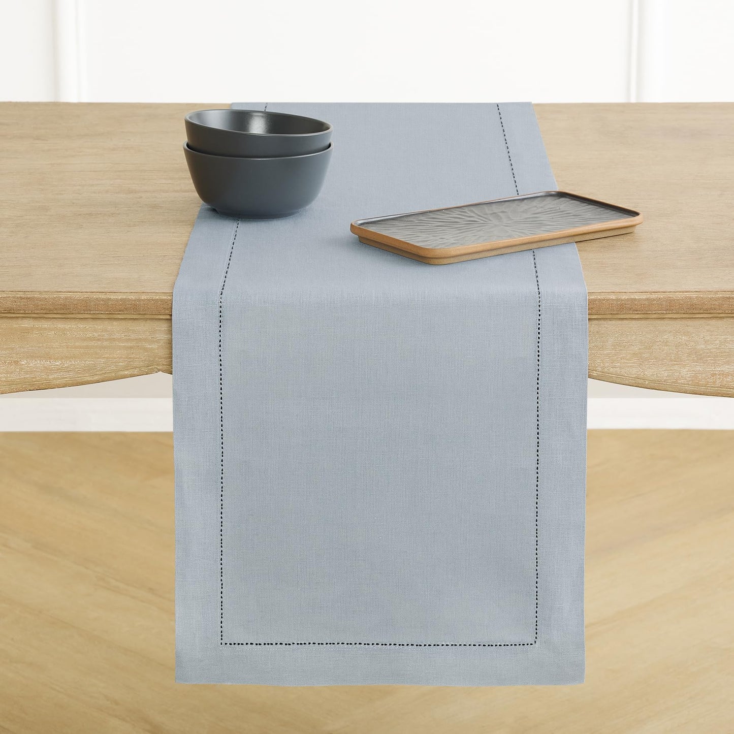 Solino Home 100% Pure Linen Table Runner Garden Green Hemstitch, 14 x 48 in | Classic Hemstitch Table Runners for dining, hallway and console table styling | hand hemstitched borders | OEKO-TEX Certified BST326SOLH
