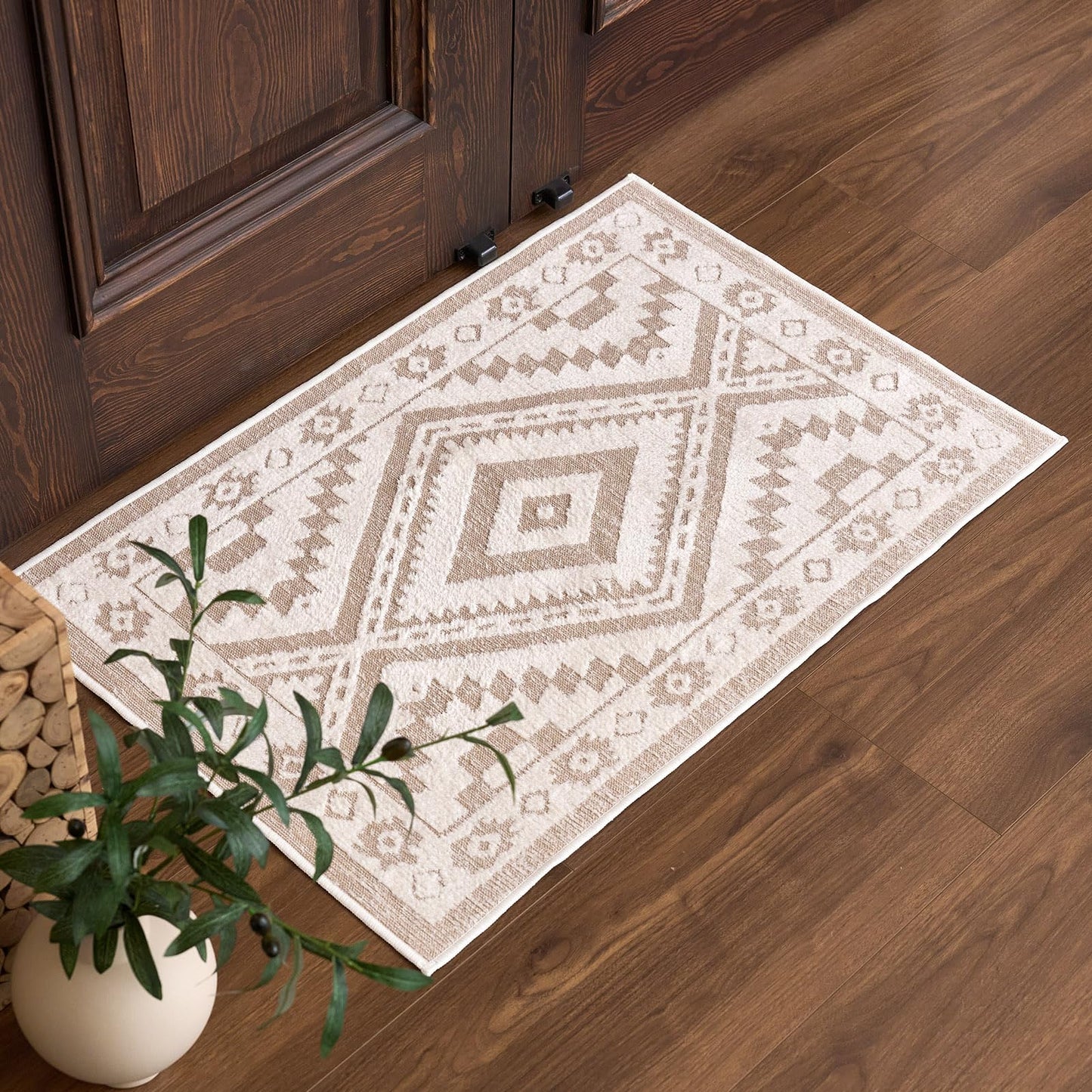 Moroccan Washable Area Rug 3x5, Geometric Tribal Decorative Woven Rug, Non-Slip Boho Farmhouse Soft Low-Pile Area Rug for Living Room Bedroom Nursery Dining Table, Dark Brown/White BST326H
