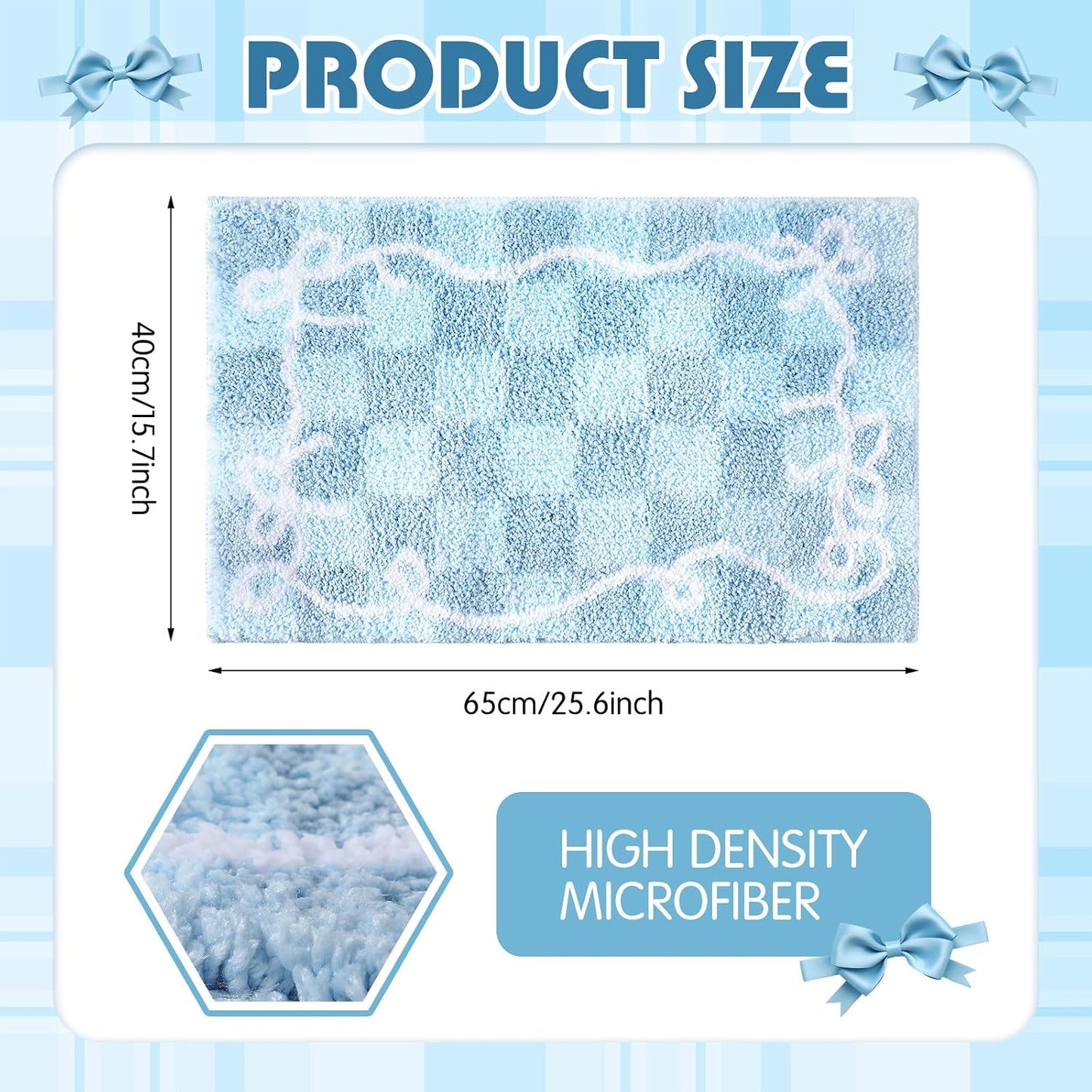 Breling Blue Checkered Bathroom Mat with Bows 16" x 26" Non Slip Blue Plaid Bath Mat Fluffy Microfiber Absorbent Bath Rug for Bathroom Floor Shower Kitchen Bedroom Home Decor BST220