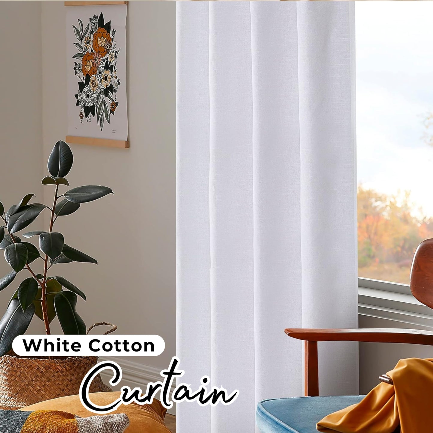 Bedding Craft Curtains 63 Inch Length - White Poly Cotton Slub Drapes with Tab Top, Set of 2, Ideal for Bedroom, Living Room, and Office_ 50x63 inch BST220
