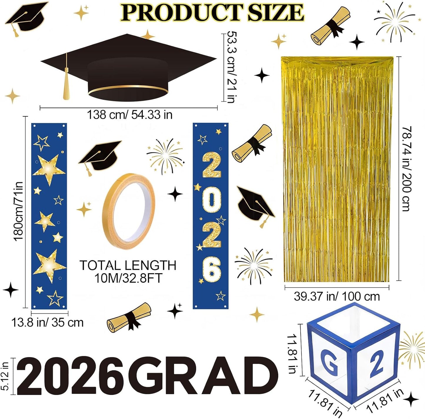 Frienda 9 Pcs 2026 Graduation Party Decoration Include Grad Box, Class of 2026 Graduation Door Porch Banner with Tinsel Curtain, Grad Photo Backdrop for College School Congrat Party Decoration(Blue) BST326H