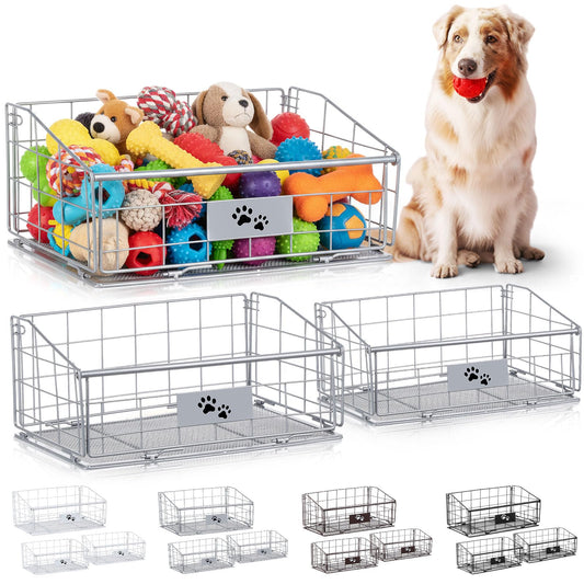 Mimorou 3 Pack Metal Dog Toy Baskets Multi-sized Foldable Dog Toy Bins Box Storage Container Organizer for Living Room Area Decorative Pet Accessories Coat Clothing Storage Holder Baskets(White) BST220