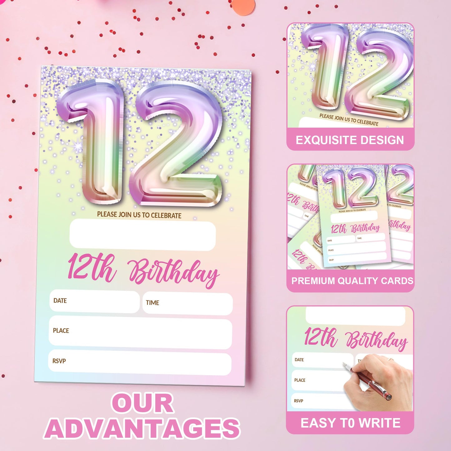 5th Birthday Invitations For Girl,Purple Glitter Birthday Invites, 20 Fill-in Rainbow Balloons Invitation Cards With Envelopes, Fifth Party Decorations 4x6 Inch-D05 WN420