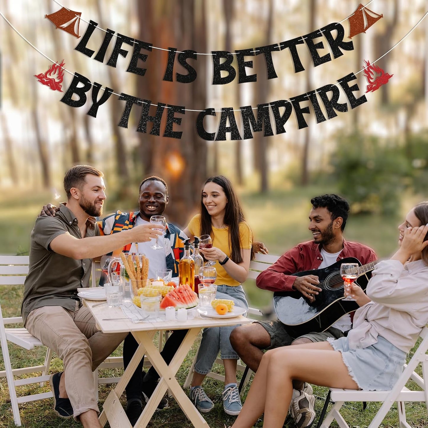 Life is Better By The Campfire Banner - Happy Camper Party Decor, Forest Adventure Decor, Camping Theme Birthday Party Decorations Black Glitter BST220