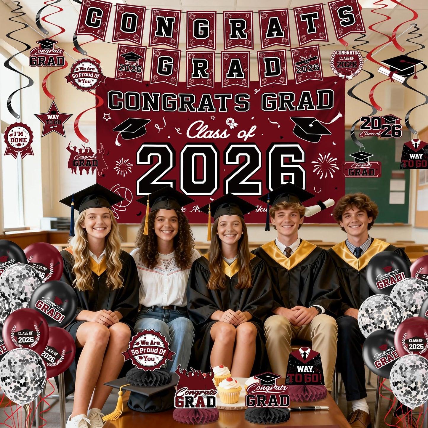Graduation Decorations 2026-Black and Gold Graduation Party Decorations Supplies Class of 2026 with Graduation Banner, Backdrop, Balloons, Centerpieces, Hanging Swirl for Grad Party BST326H