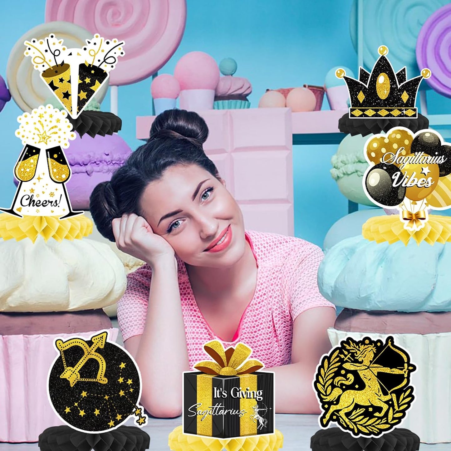 Sagittarius Birthday Honeycomb Centerpieces Party Decorations, Black Gold Zodiac Sagittarius Honeycomb Centerpieces for Horoscope, Astrology November December Bday Party Decorations, Favors BST220