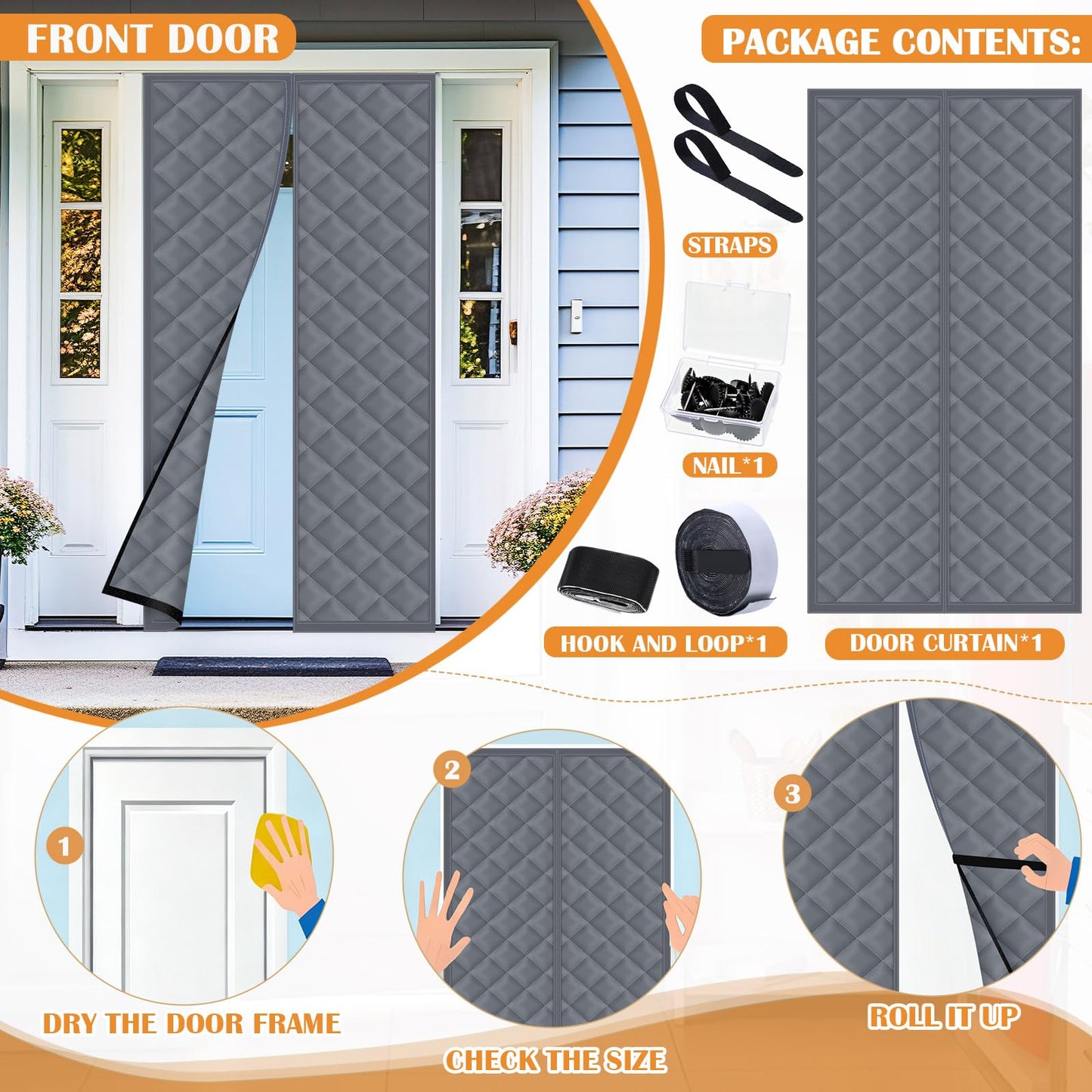Fanfanwin 2 Sets Magnetic Thermal Insulated Curtains for Doors Winter Thicken Quilted Oxford Cotton Door Cover Waterproof Window Attic Blanket for Cold Weather(Gray,36" X 80")