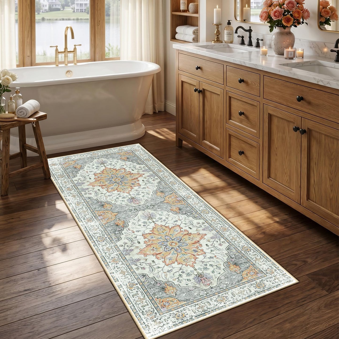 RELEANY Area Rugs Runner 2'x6' Washable Non-Slip, Floral Vintage Distress Medallion Carpet for Kitchen Hallway Bedroom Beside Laundry Room Bathroom, Teal Green Lake Blue Turquoise DD1210
