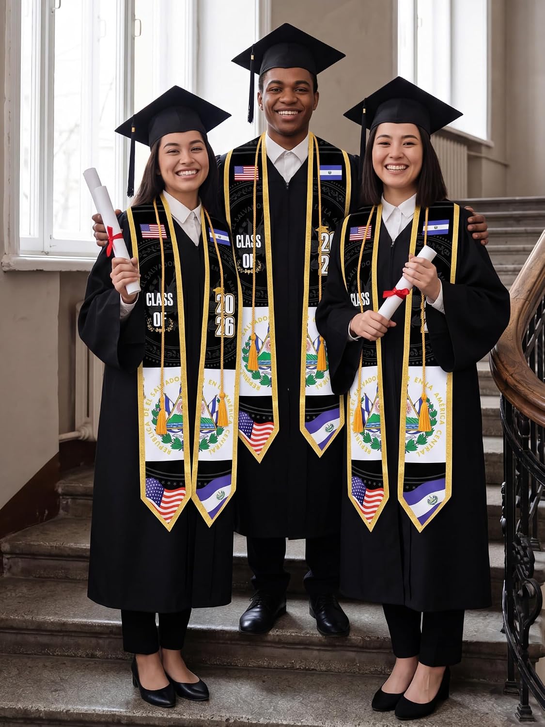 Shihanee 2 Pcs National Flag Graduation Stole with Cap Tassel Class of 2026 Mixed Country 72" USA and El Salvador Flag Graduation Sash Honor WN420
