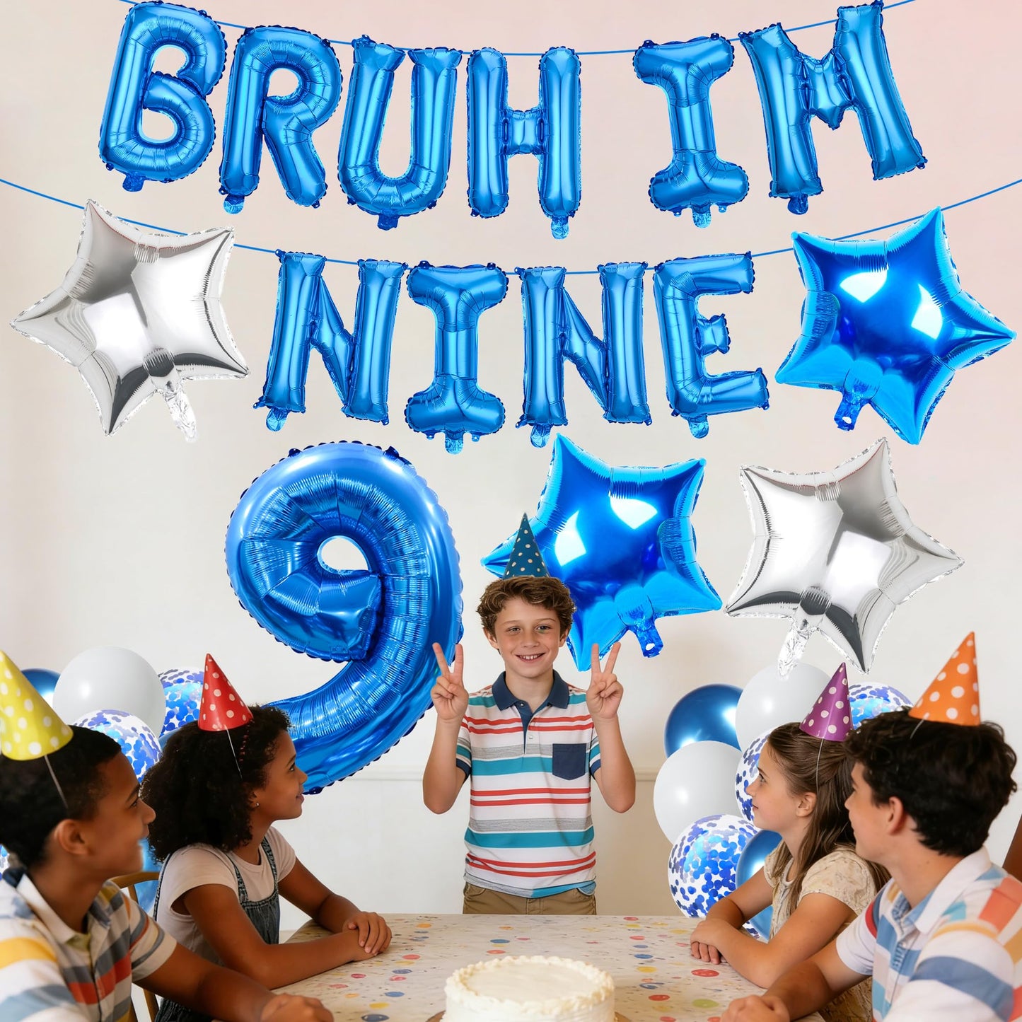 9th Birthday Decoration Balloon Banner - 33 Pcs Blue Bruh Im Nine Letter Banners Number 9 Star Foil Latex Balloons for Boys And Girls Happy Birthday Celebration Party Decor Supplies BST326L