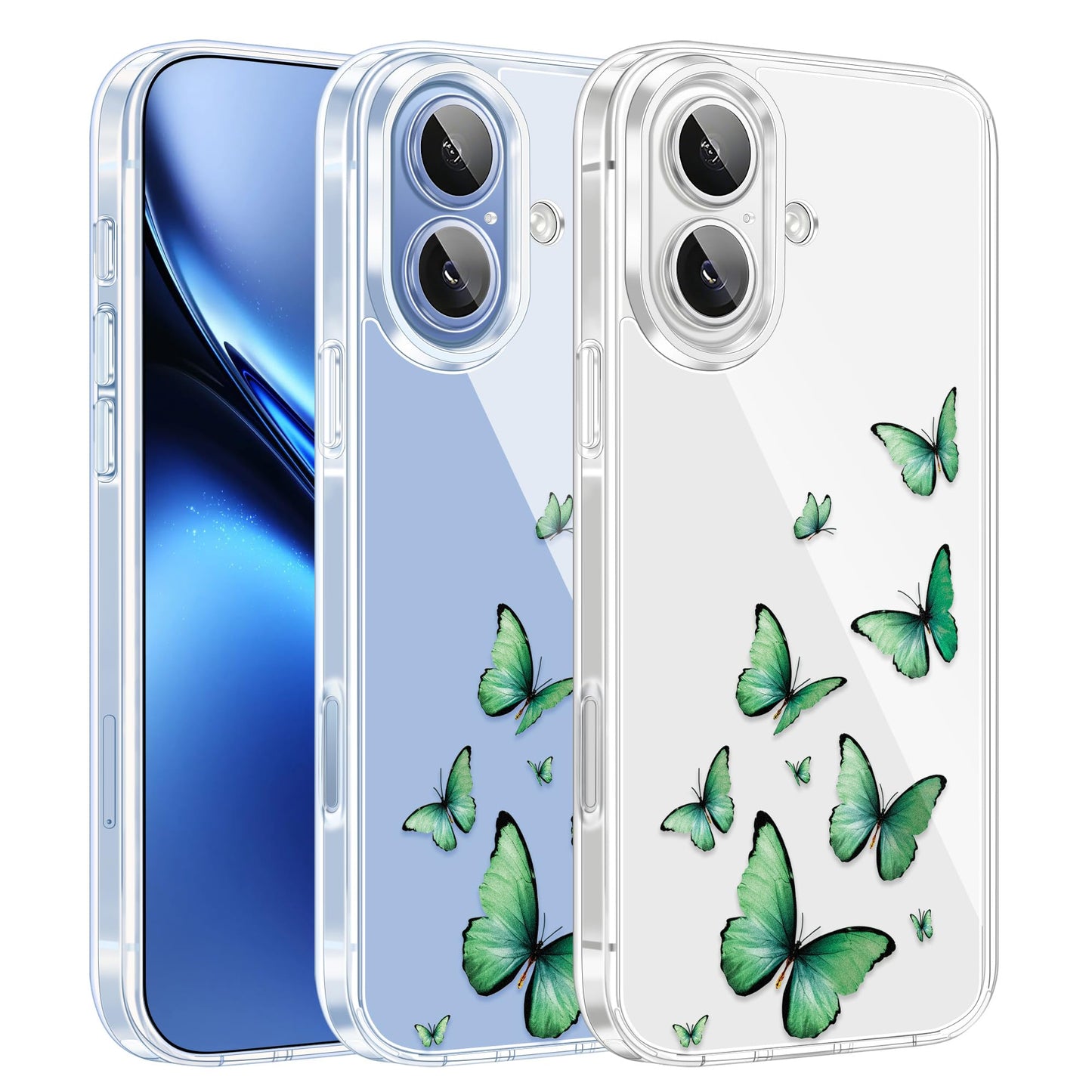 Cute Girly Crystal Clear Case Compatible with iPhone 16 Pro, Camera Control & Shockproof Protection Floral Case for Women, Blue Butterflies WN420