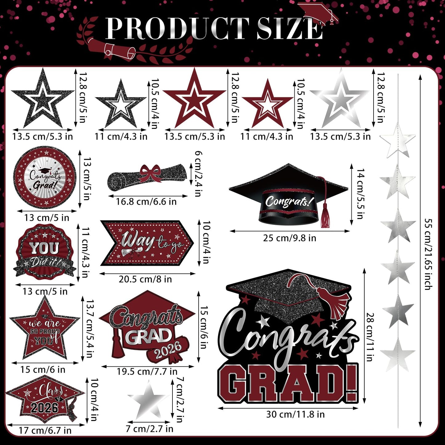 Yisong 14 Pcs Graduation Garland Class of 2026 Graduate Decoration Diploma Hat Star Congrats Garland Banner Congrats Grad Streamers Backdrop for Graduation Party Supplies College Grad Decor(Red) BST202