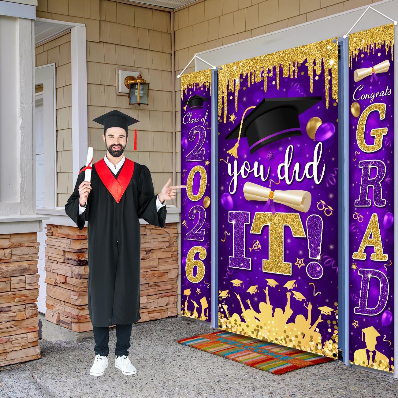 Graduation Decorations Class of 2026 Purple and Gold Congrats Grad Banner and You Did It Door Cover for High School College Graduation Party Supplies(Purple) BST326H