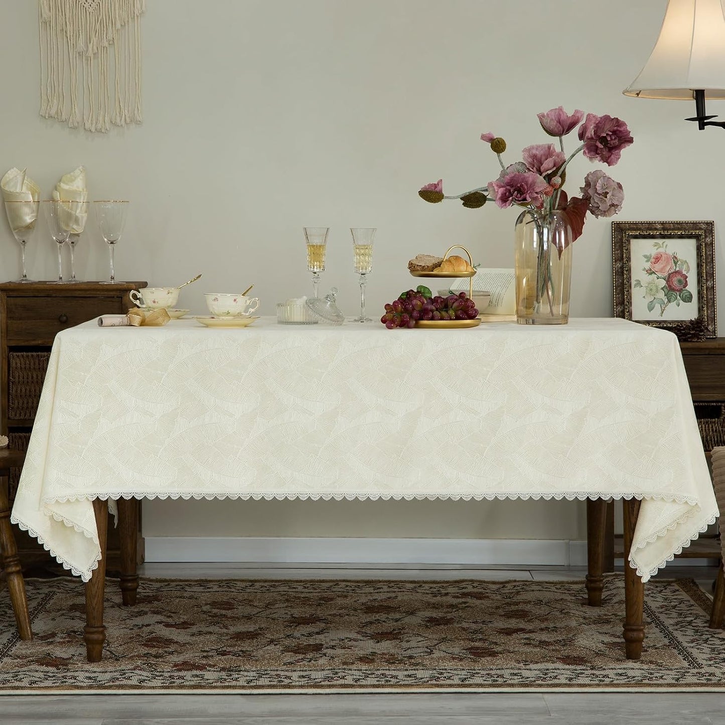 GLORY SEASON Textured Rectangle/Oblong Tablecloth Jacquard Fabric Solid Beige Table Cover for Kitchen Dining Farmhouse Decor 55x70 Inch BST202