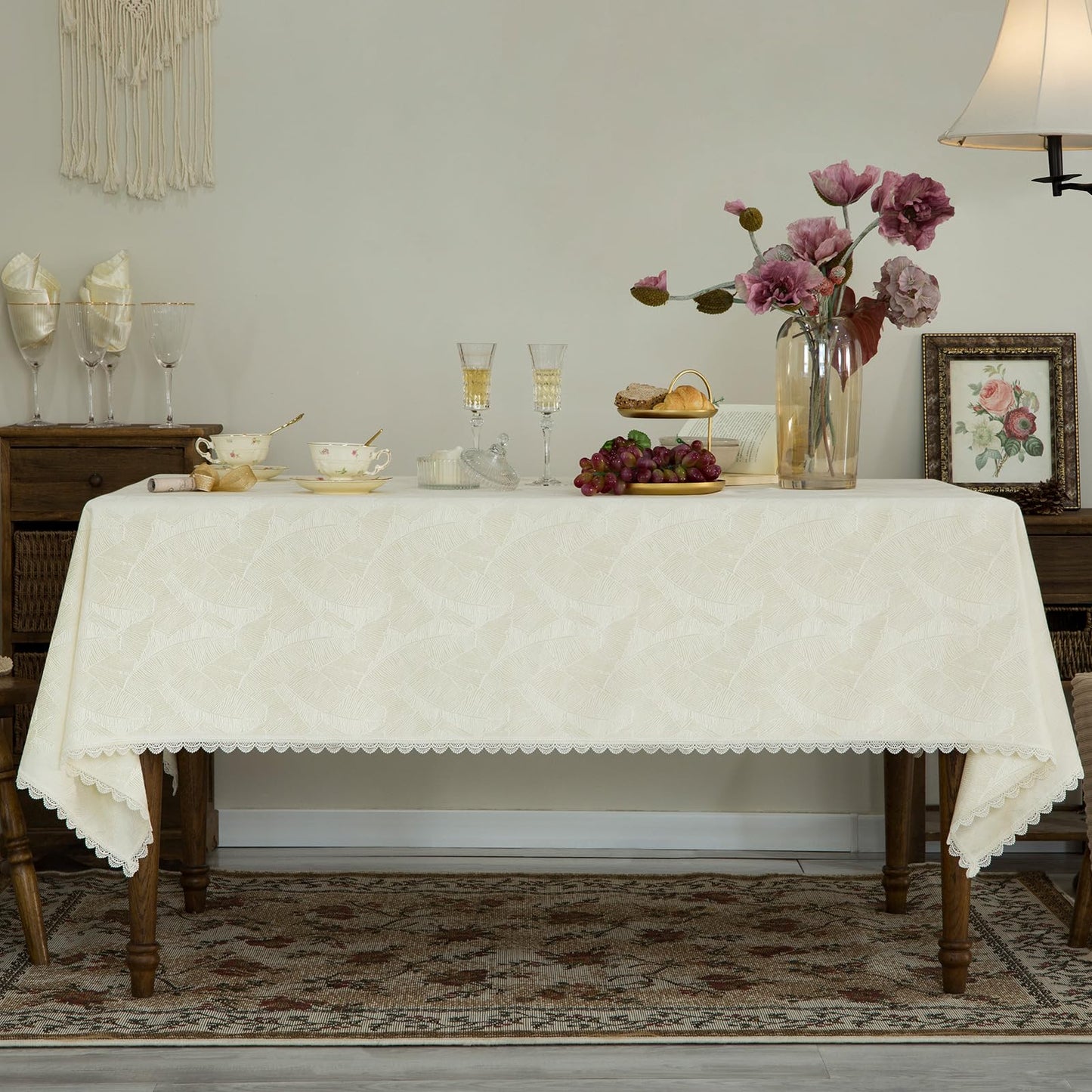GLORY SEASON Textured Rectangle/Oblong Tablecloth Jacquard Fabric Solid Beige Table Cover for Kitchen Dining Farmhouse Decor 55x70 Inch BST202