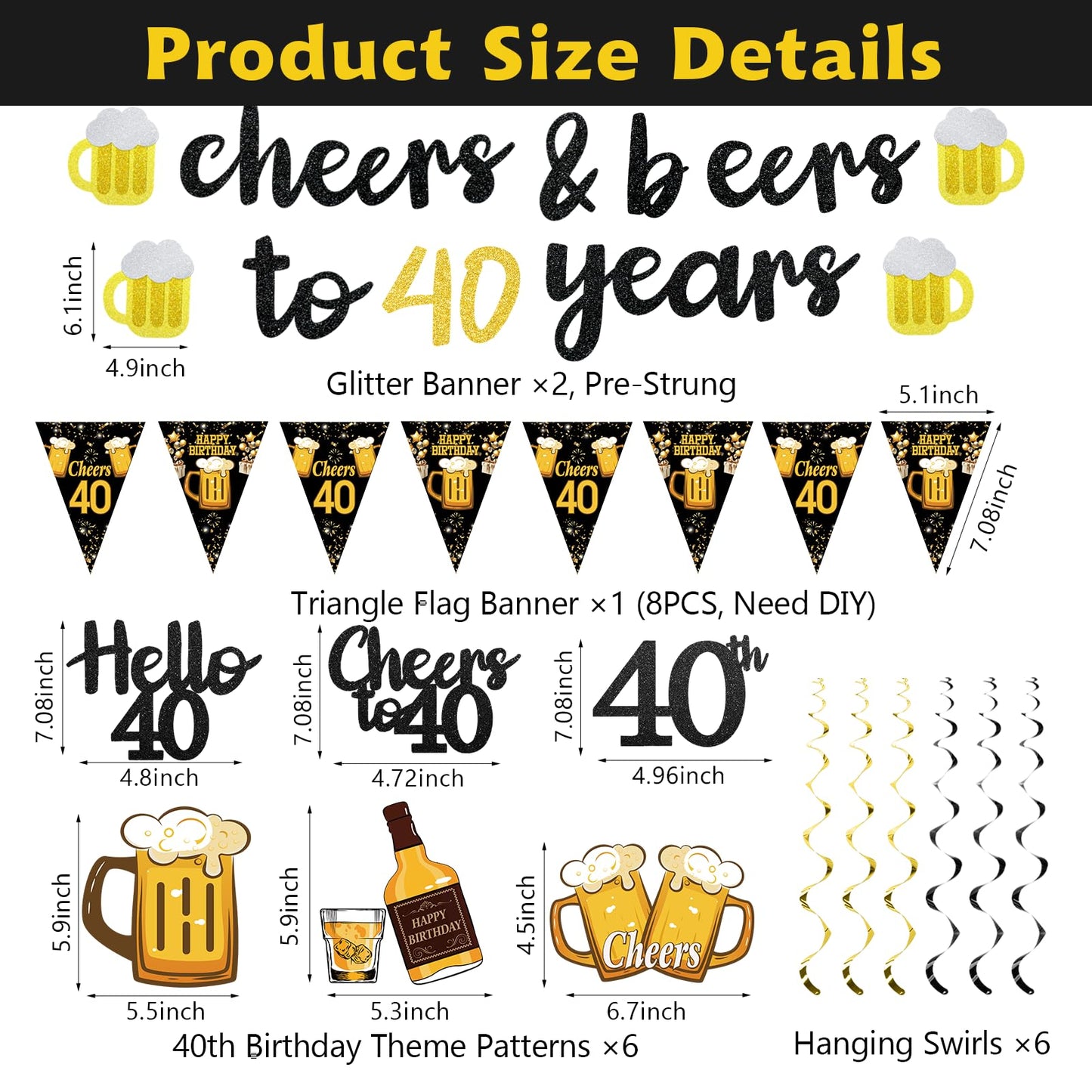 Black Gold 90th Birthday Decorations for Men Women, Glitter Pre-Strung Cheers to 90 Years Banner Hello 90 Hanging Swirls Paper Triangle Flag Banner Decorations Bday Party Supplies Kit WN420