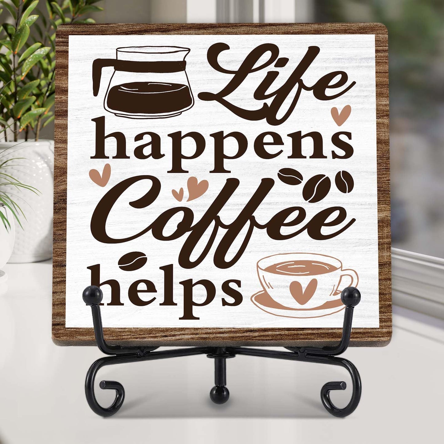 Coffee Bar Decor, Farmhouse Kitchen Table Decor, Coffee Station Accessories, Wooden Decorative Sign with Iron Stand for Table Desk Shelf Display-E21 BST220