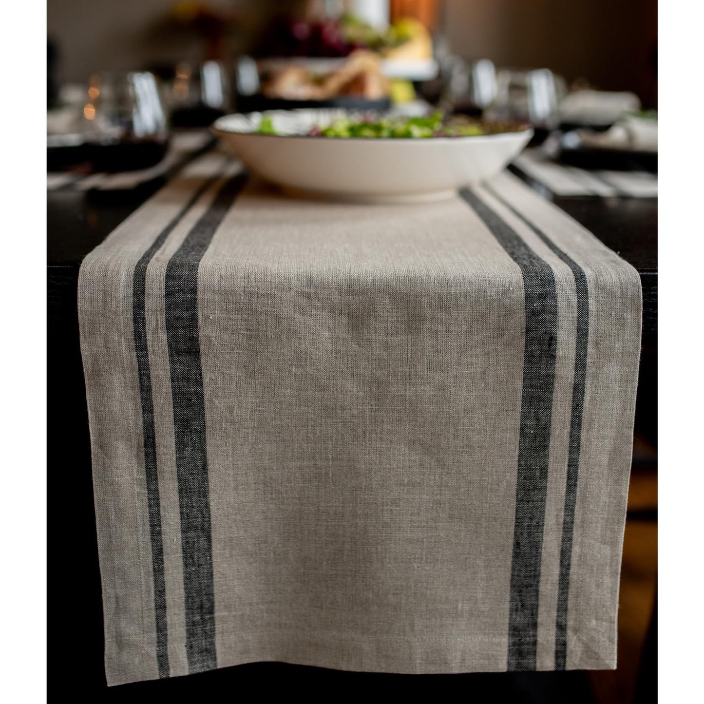 Solino Home 100% Pure Linen Table Runner, 14 x 60 in, Black, French Stripe | Table Runners for dining, hallway and console tables | woven stripe, mitered corners | Black and White | OEKO-TEX Certified BST326SOLH