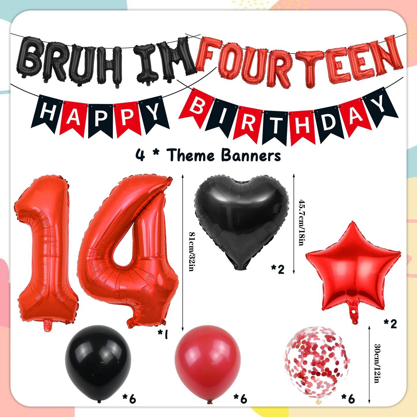 9th Birthday Decorations Boys Kit - 27 Pcs Red and Black Bruh Im Nine Balloon Banners Happy Birthday Fishtail Flags Number 9 Balloon Star Heart Balloons Set for 9 Year Old Party Decoration Supplies BST202