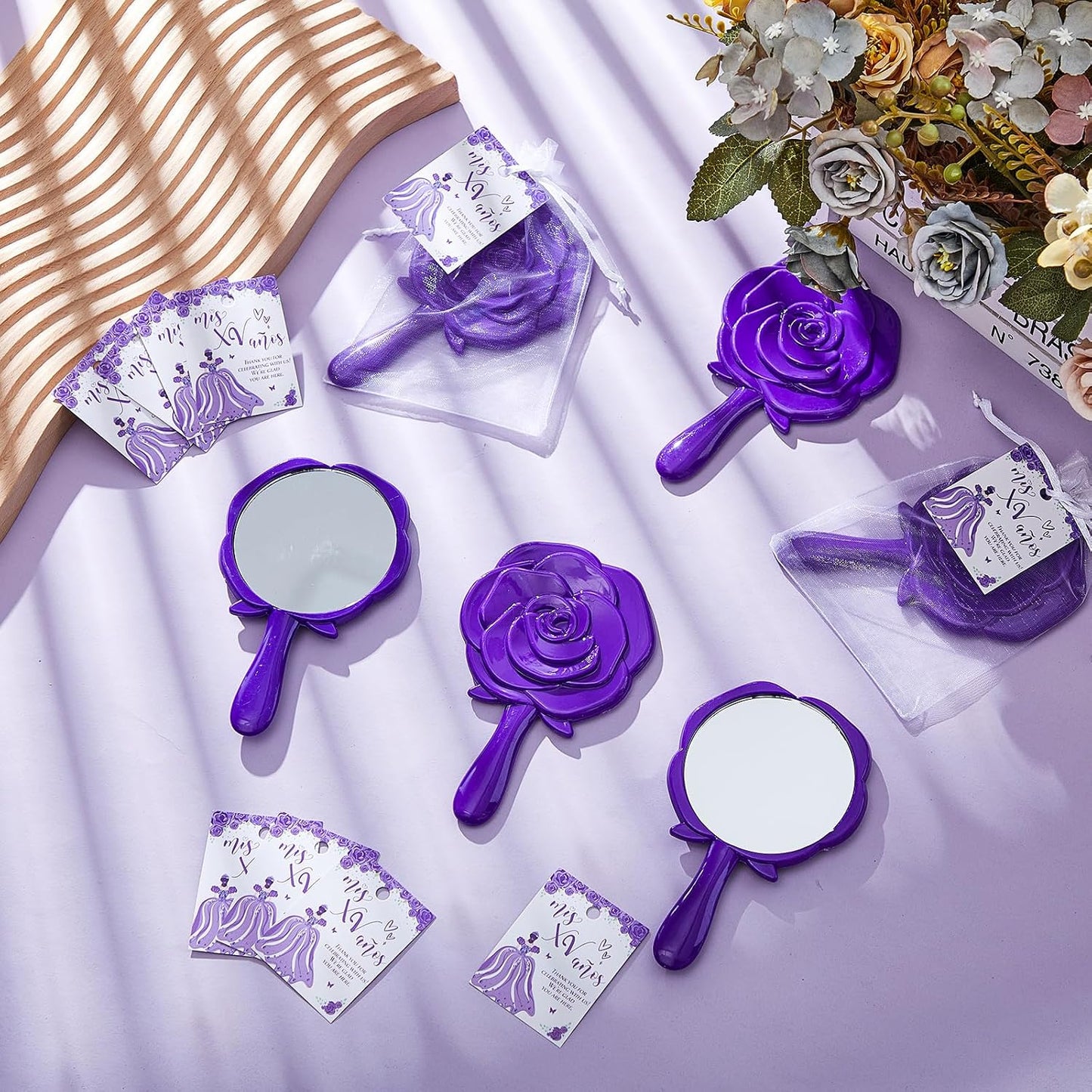 Sintuff 24 Set Rose Compact Mirrors Bulk Quinceanera Wedding Party Favors for Guests Rose Design Compact Mirrors Thank You Cards with White Organza Bags for 15 Birthday Wedding Party Favors(Purple) BST202