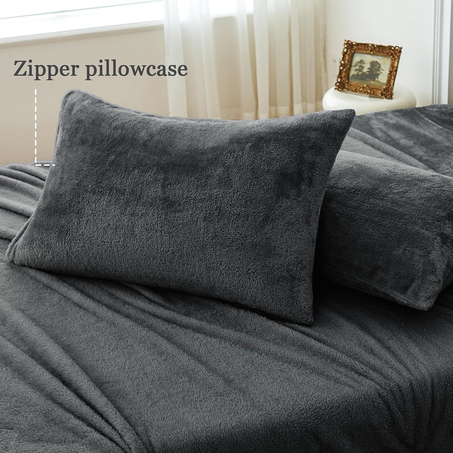 Faux Fur Queen Sheet Set, Luxury Soft Fleece Bed Sheets, Fluffy Plush Velvet Sheets Fuzzy Bedding Sheets for Fall and Winter, Cozy Warm, No Shedding, 4PC, Dark Grey BST326H