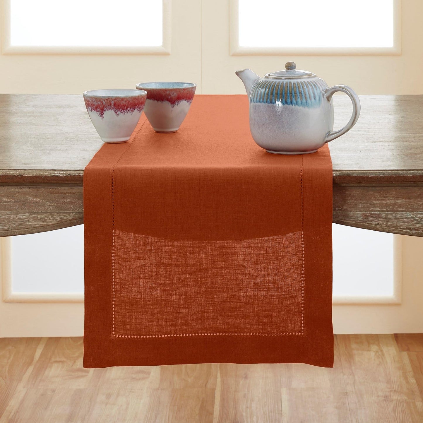 Solino Home 100% Pure Linen Table Runner Garden Green Hemstitch, 14 x 48 in | Classic Hemstitch Table Runners for dining, hallway and console table styling | hand hemstitched borders | OEKO-TEX Certified BST326SOLH