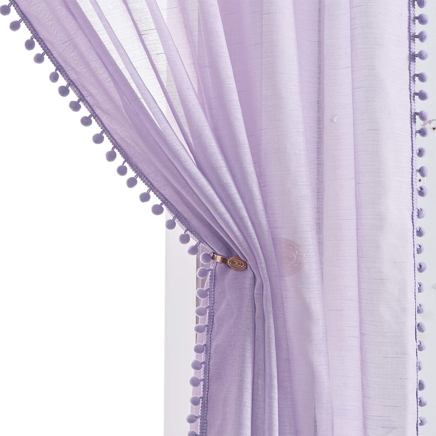 Treatmentex Pom-Pom Grey Sheer Curtains for Bedroom 63" Window Drapes Rod Pocket Textured Sheer Curtain for Kids Room 52" w 2 Panels BST202